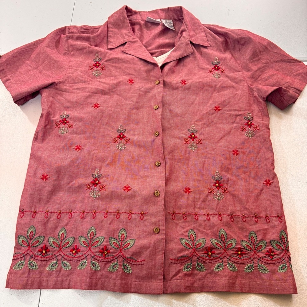 Women's Embroidered Button Up Shirt Red Floral Short Sleeve Blouse Top